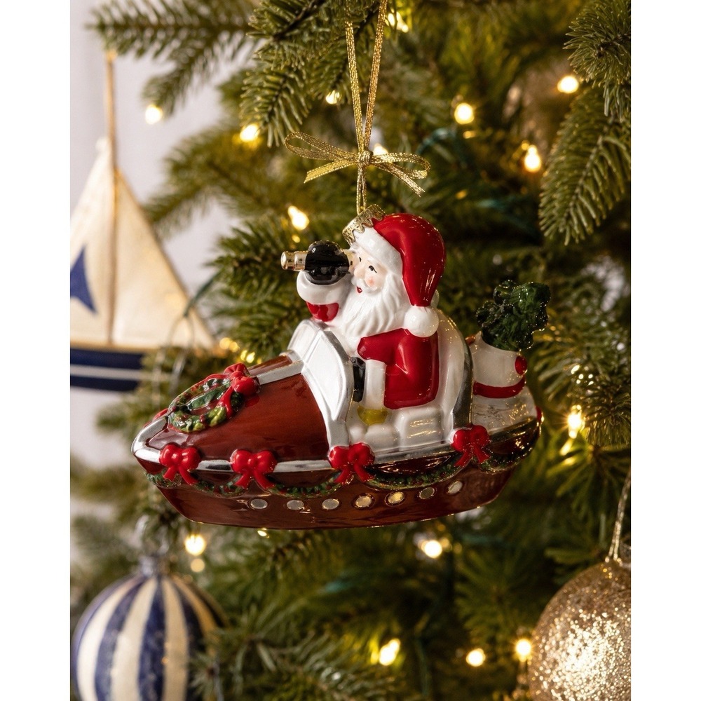 Vintage 2004 Santa Speedboat Lighted Christmas Ornament Nautical Holiday Decor